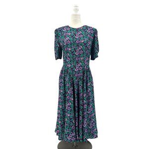 Vintage E.D. Michaels Womens 7/8 Dress Floral Midi Purple Teal Green Eighties